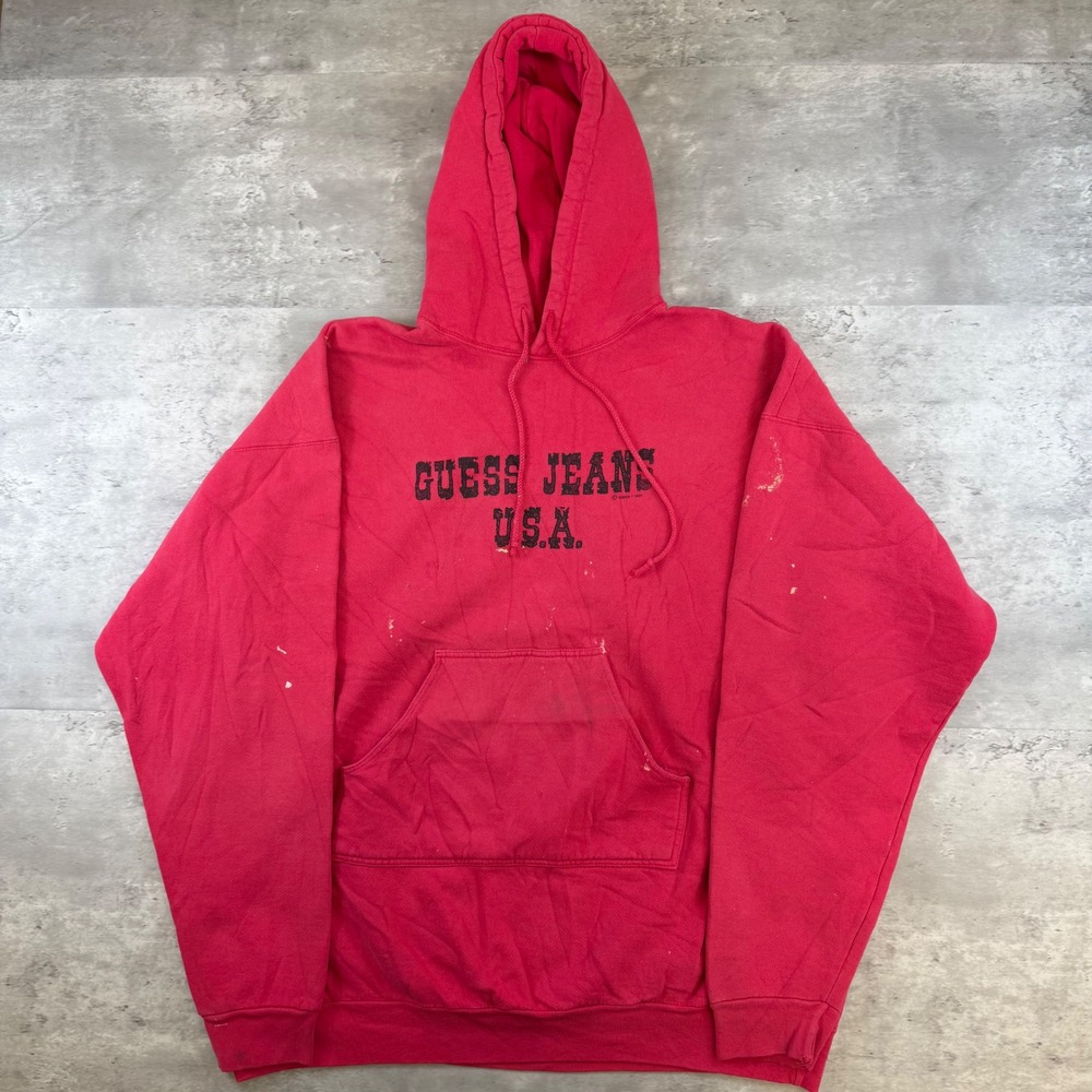 Vintage 1994 Guess Jeans USA Red Hoodie Distressed Made in USA Mens XL